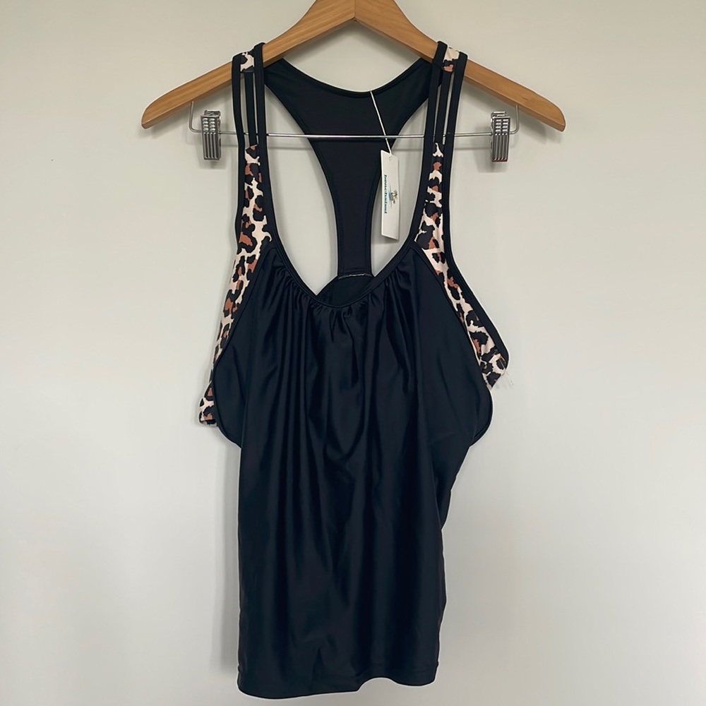 Beachsissi Black & Leopard Print Tankini Top Sz XL NWT